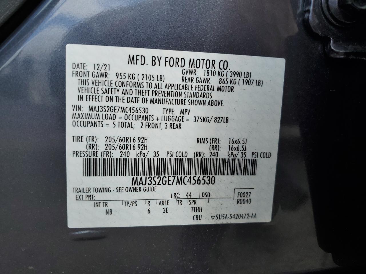 2021 Ford Ecosport Se VIN: MAJ3S2GE7MC456530 Lot: 70659685