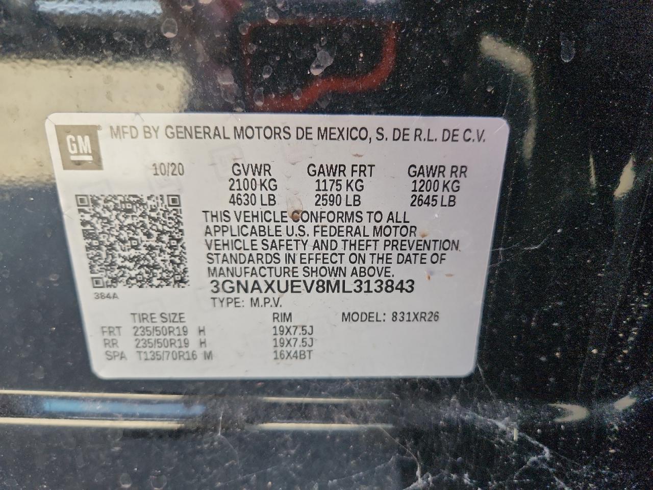 2021 Chevrolet Equinox Lt VIN: 3GNAXUEV8ML313843 Lot: 70097035