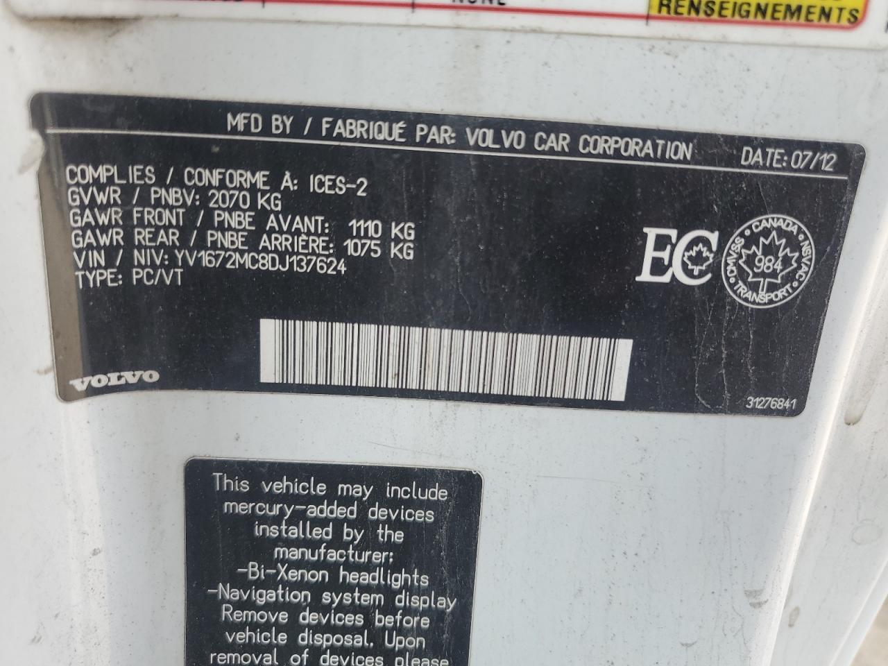 2013 Volvo C70 T5 VIN: YV1672MC8DJ137624 Lot: 61054825