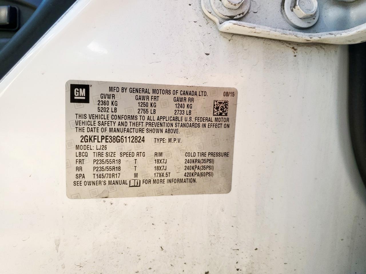 2016 GMC Terrain Slt VIN: 2GKFLPE38G6112824 Lot: 69946445