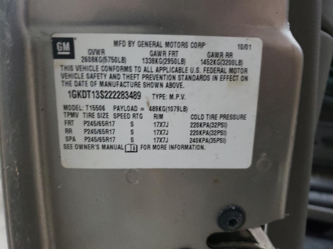 2002 GMC Envoy VIN: 1GKDT13S222283489 Lot: 67826895