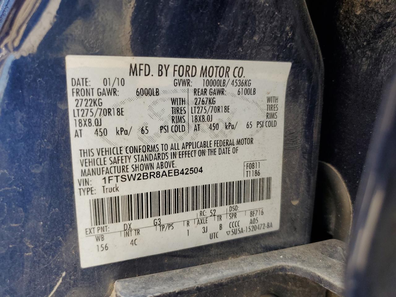 2010 Ford F250 Super Duty VIN: 1FTSW2BR8AEB42504 Lot: 69391265