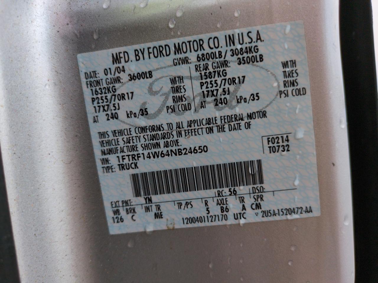 2004 Ford F150 VIN: 1FTRF14W64NB24650 Lot: 67790185