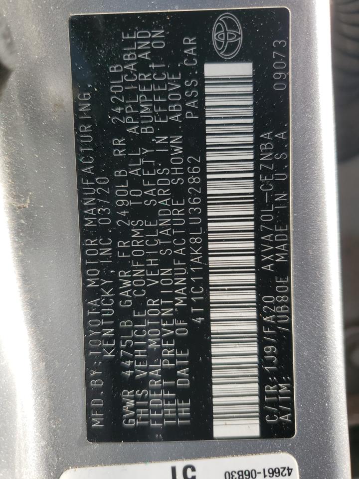 2020 Toyota Camry Le VIN: 4T1C11AK8LU362862 Lot: 68881465