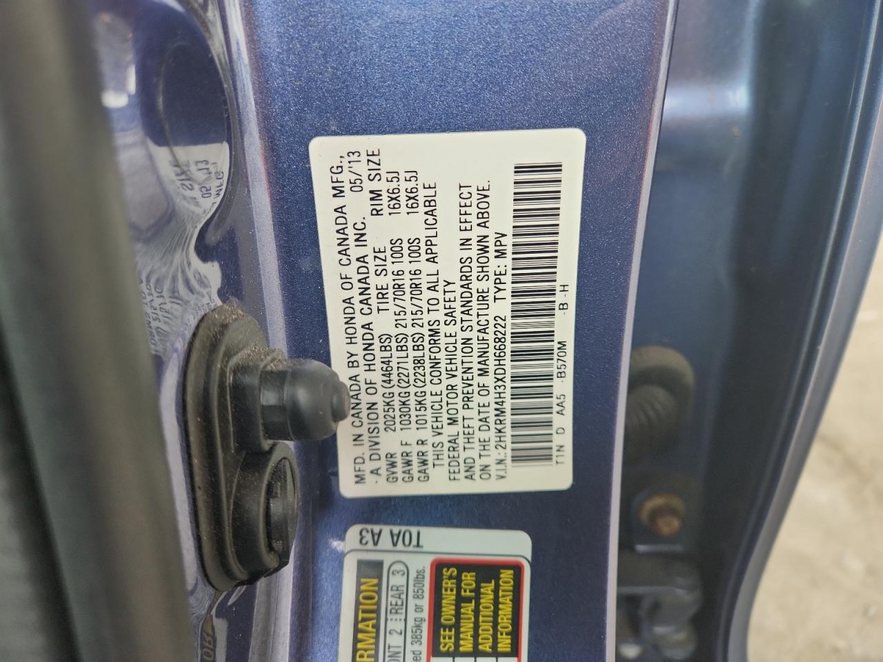 2013 Honda Cr-V Lx VIN: 2HKRM4H3XDH668222 Lot: 67650205