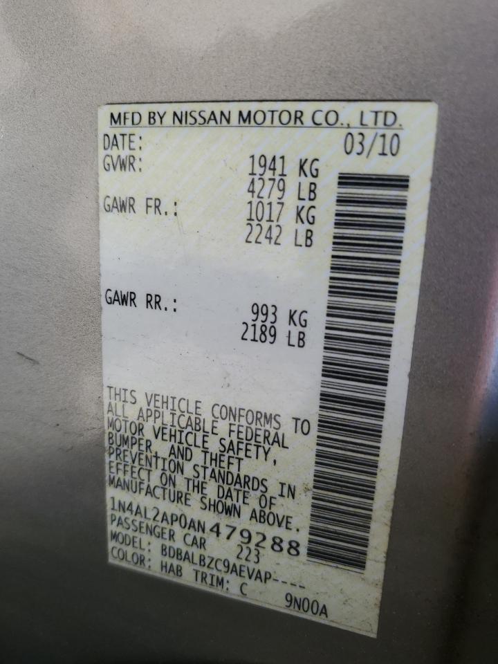 2010 Nissan Altima Base VIN: 1N4AL2AP0AN479288 Lot: 69384505