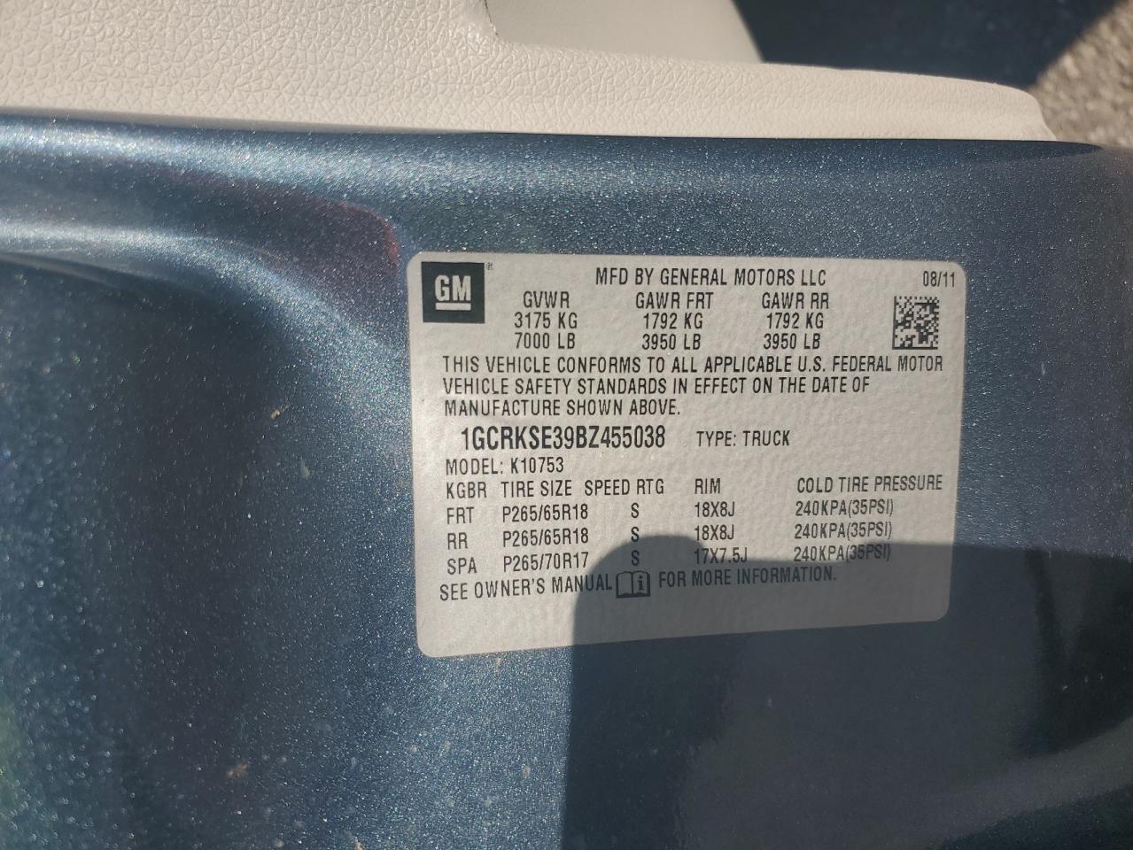 2011 Chevrolet Silverado K1500 Lt VIN: 1GCRKSE39BZ455038 Lot: 67685665