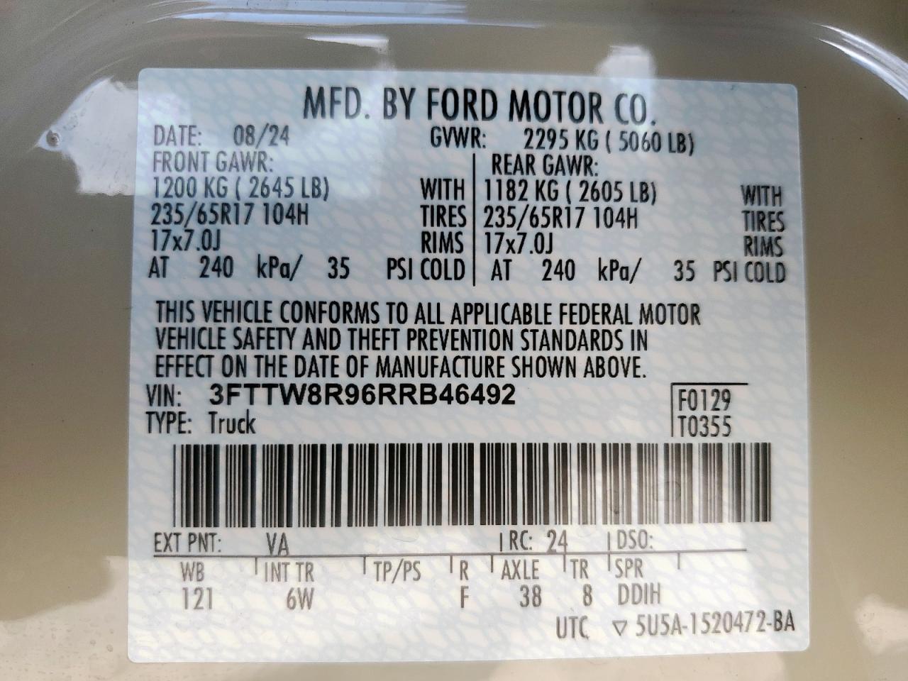 2024 Ford Maverick Lariat Tremor VIN: 3FTTW8R96RRB4649X Lot: 70943845