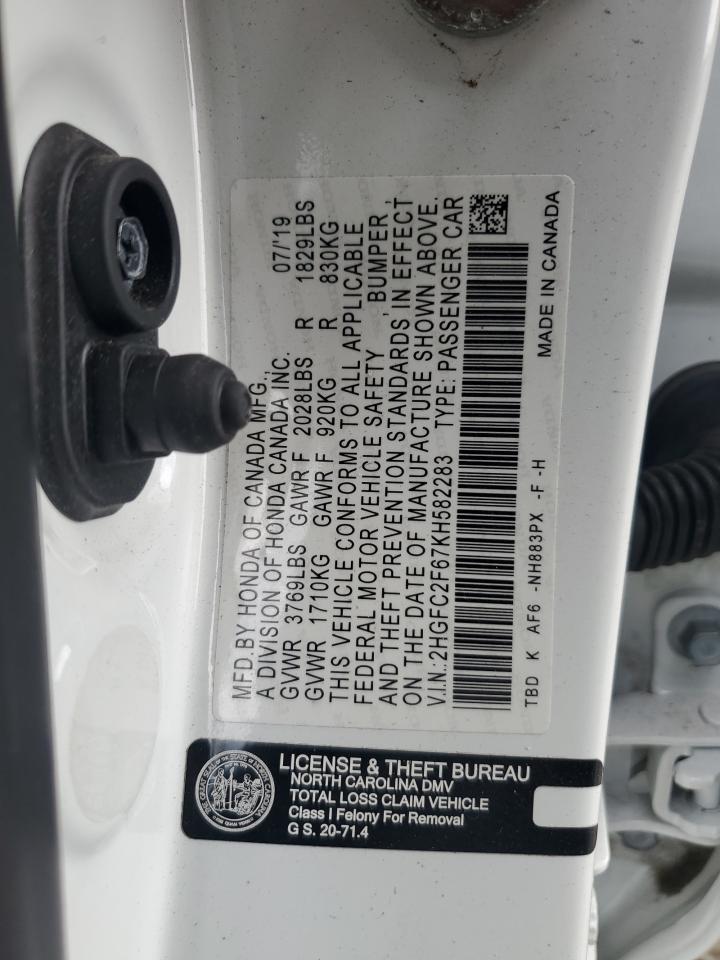 2019 Honda Civic Lx VIN: 2HGFC2F67KH582283 Lot: 69442805