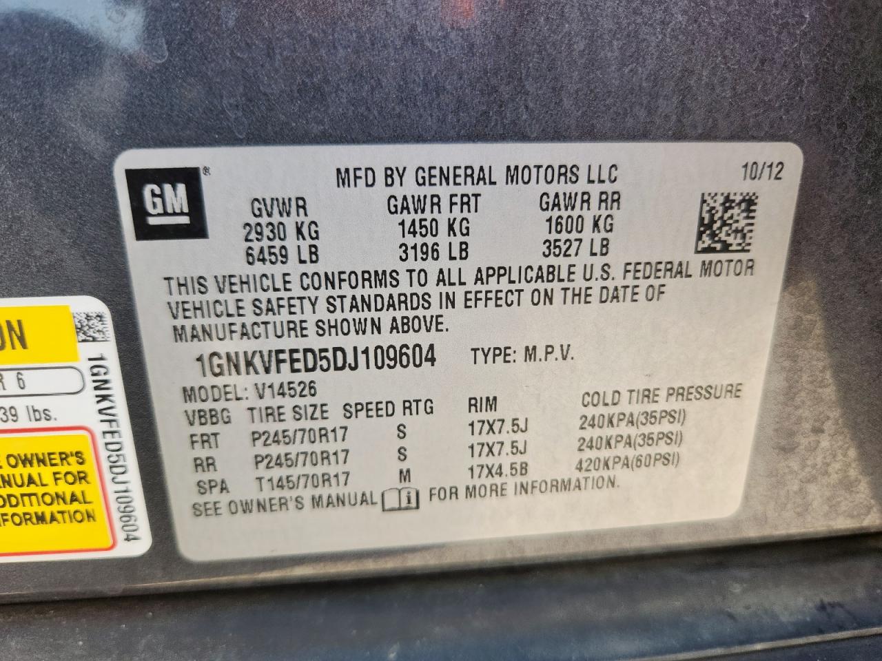 2013 Chevrolet Traverse Ls VIN: 1GNKVFED5DJ109604 Lot: 69745425