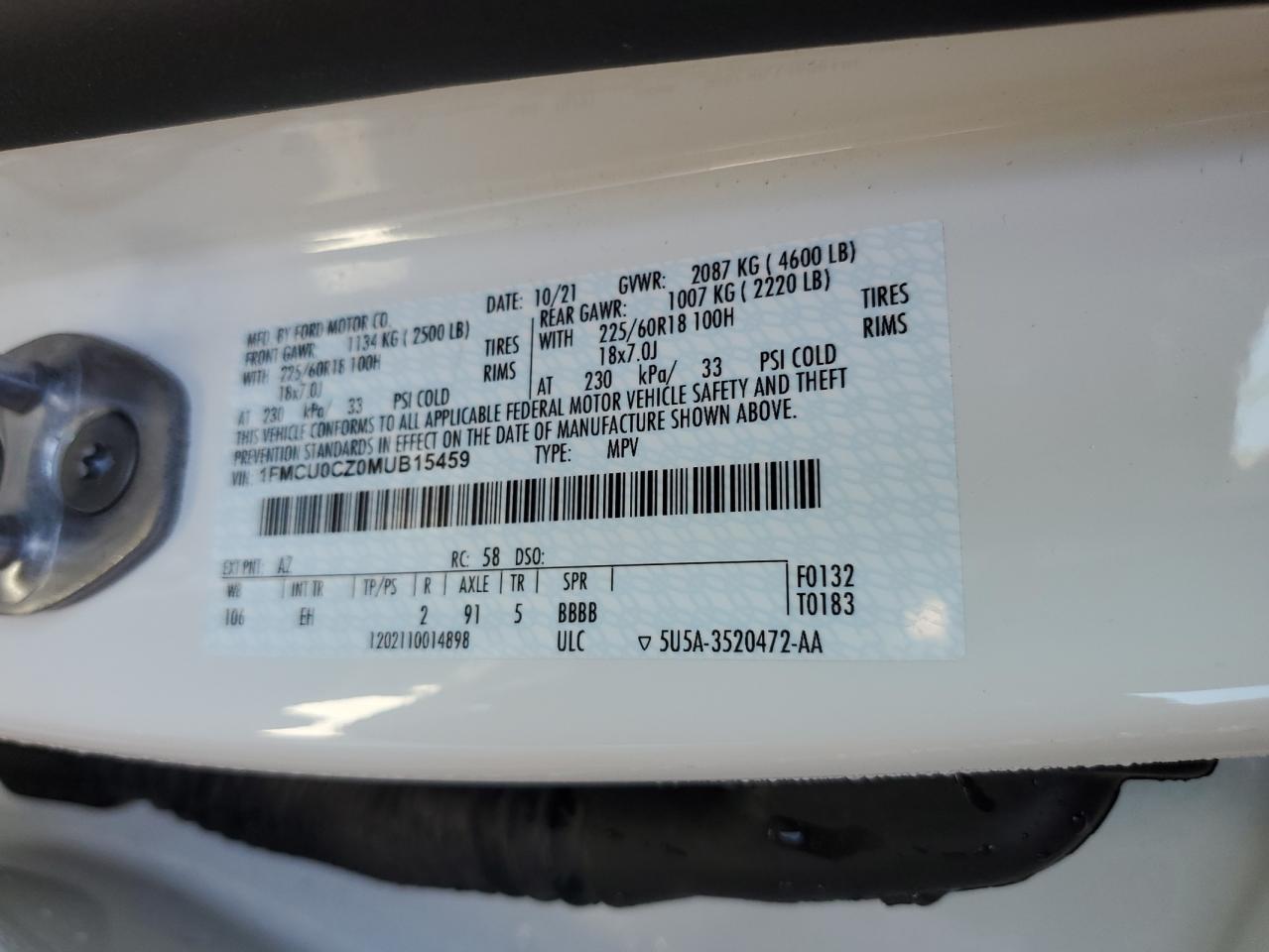 2021 Ford Escape Sel VIN: 1FMCU0CZ0MUB15459 Lot: 69996025