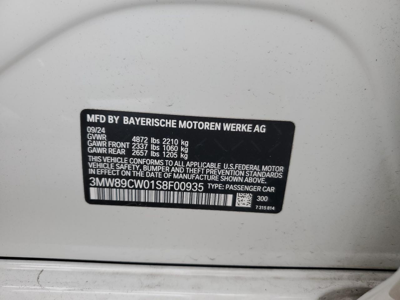 2025 BMW 330Xi VIN: 3MW89CW01S8F00935 Lot: 68763105