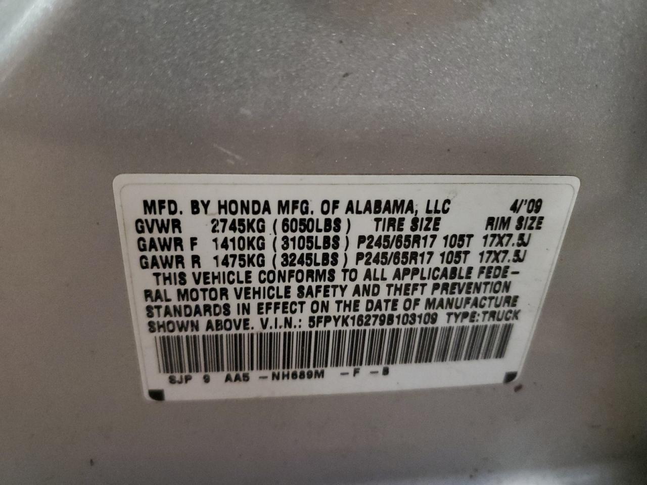 2009 Honda Ridgeline Rt VIN: 5FPYK16279B103109 Lot: 68540925