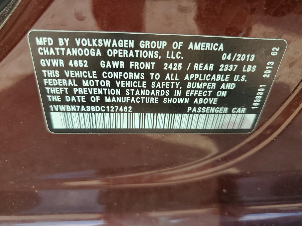 2013 Volkswagen Passat Se VIN: 1VWBN7A36DC127462 Lot: 70011945