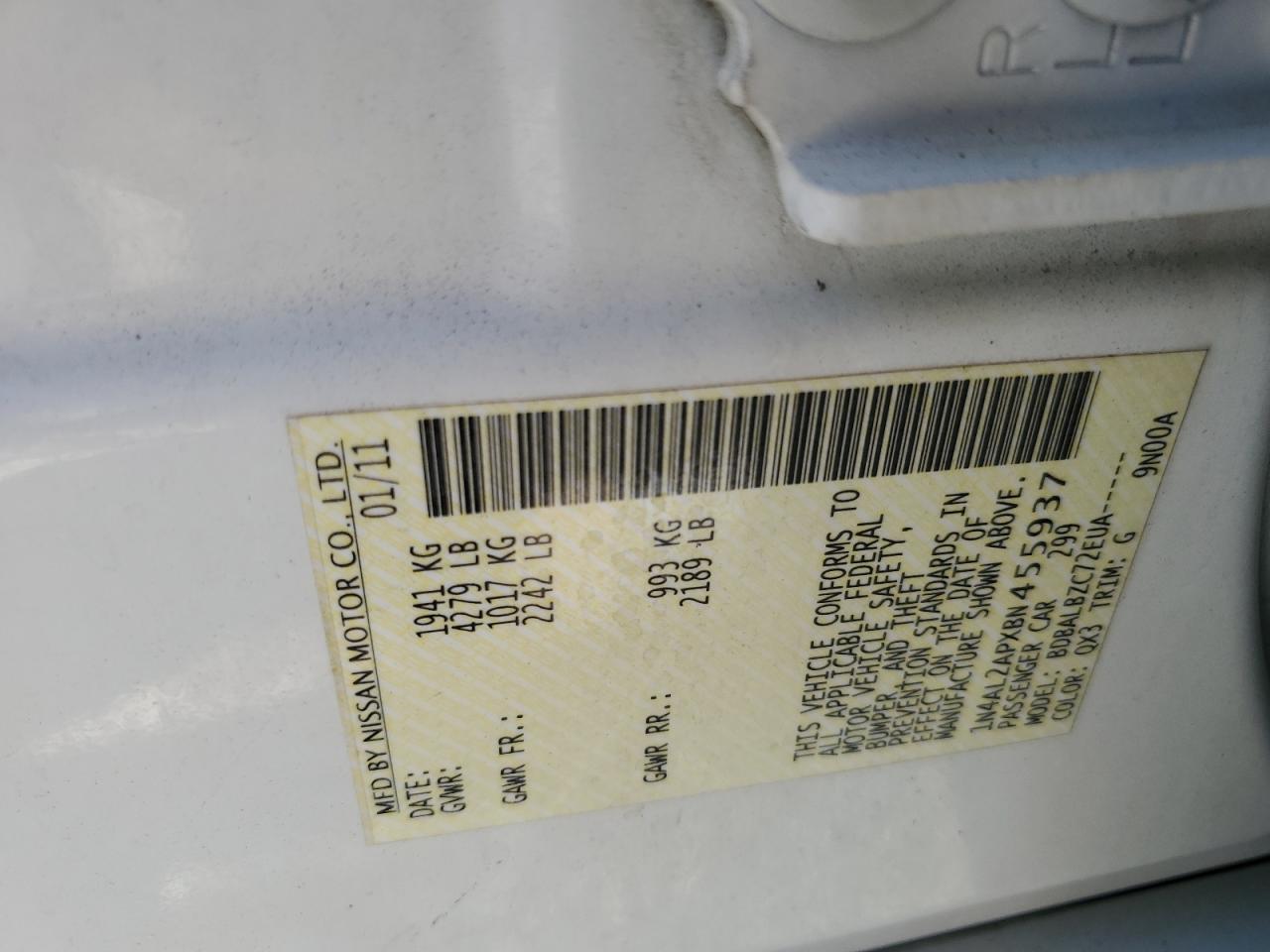 2011 Nissan Altima Base VIN: 1N4AL2APXBN455937 Lot: 68558575