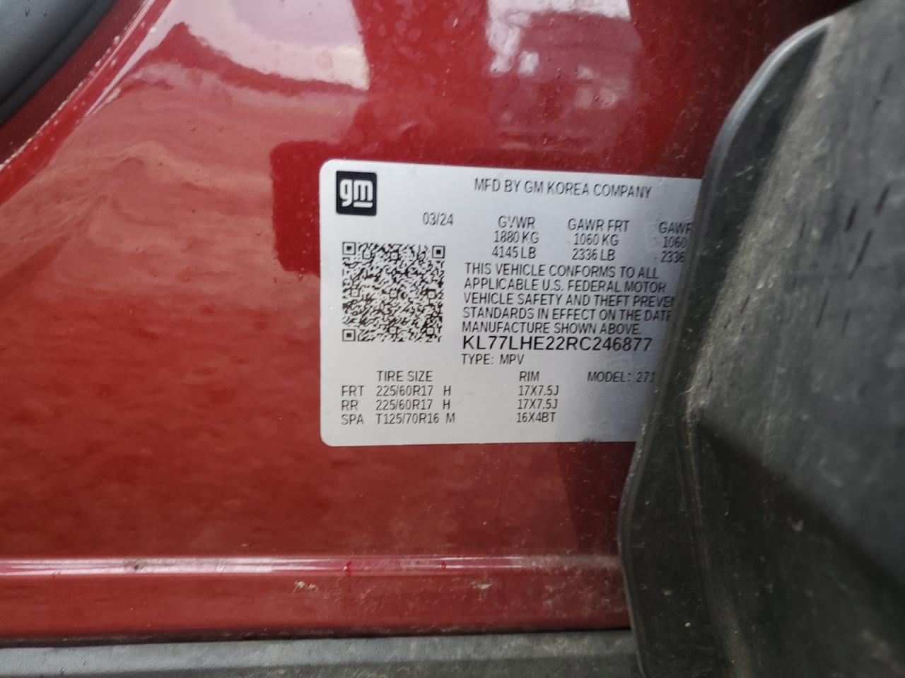 2024 Chevrolet Trax 1Lt VIN: KL77LHE22RC246877 Lot: 69111705