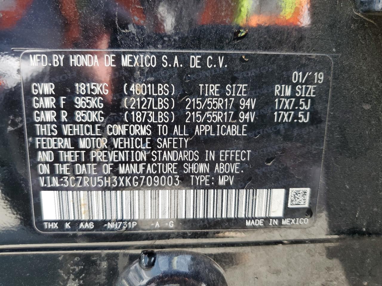 2019 Honda Hr-V Lx VIN: 3CZRU5H3XKG709003 Lot: 84524605