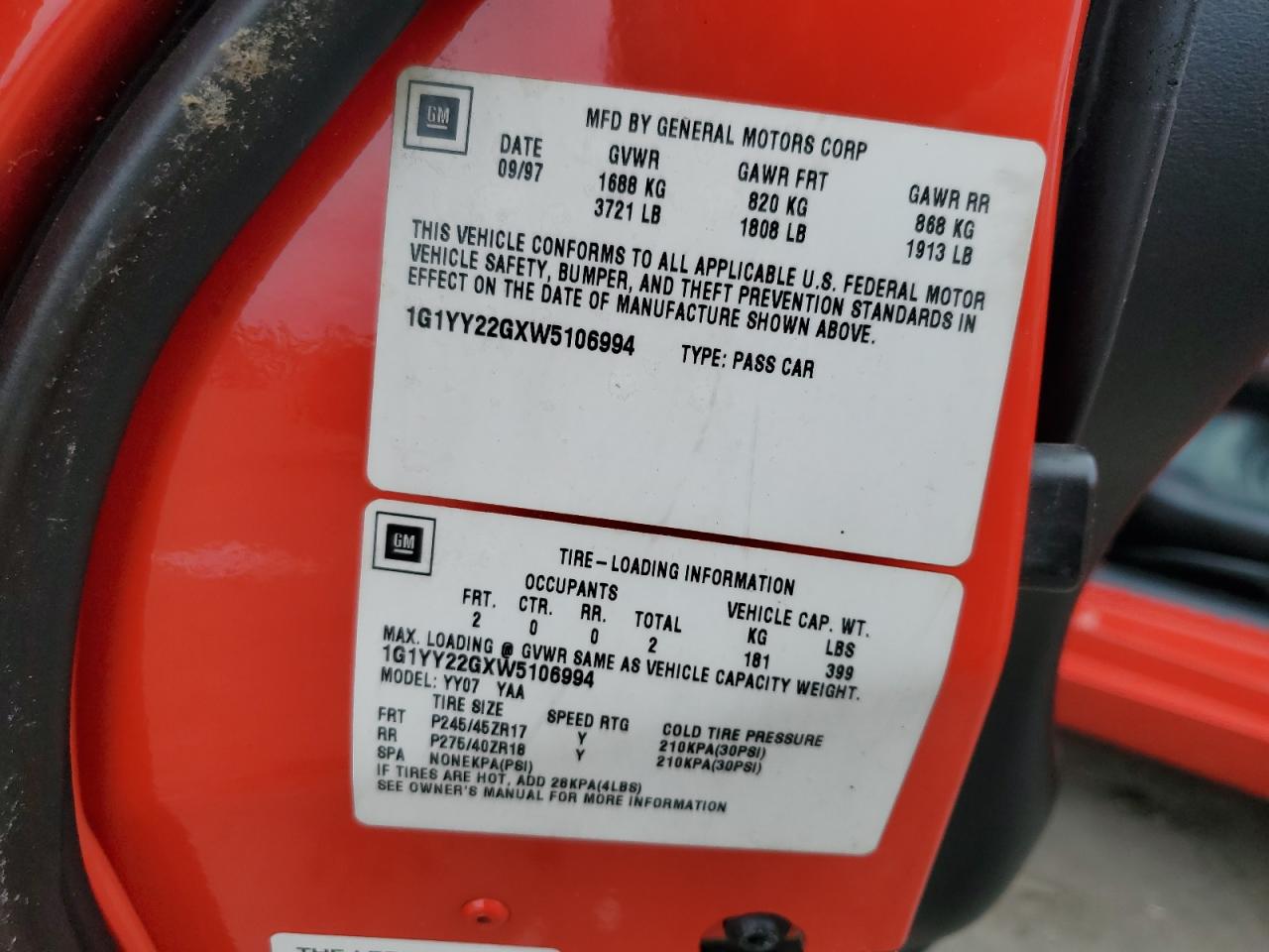 1998 Chevrolet Corvette VIN: 1G1YY22GXW5106994 Lot: 69736755