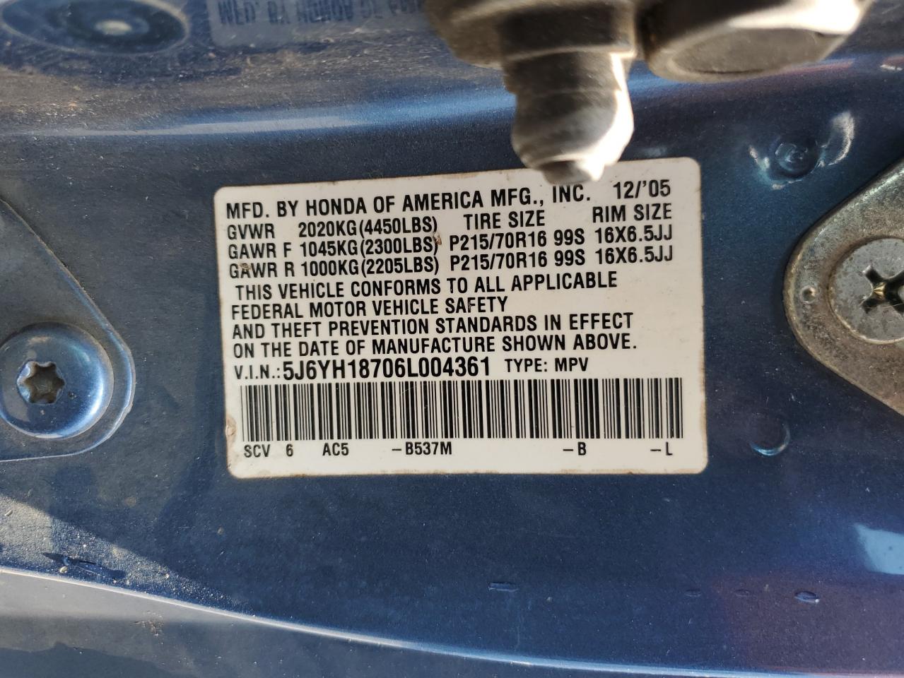 2006 Honda Element Ex VIN: 5J6YH18706L004361 Lot: 67009465