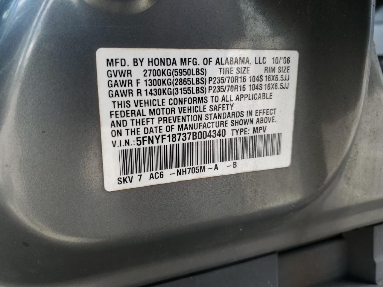 2007 Honda Pilot Exl VIN: 5FNYF18737B004340 Lot: 68283885