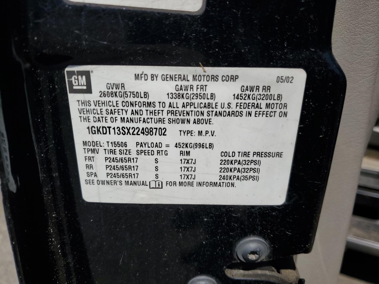 2002 GMC Envoy VIN: 1GKDT13SX22498702 Lot: 60871045