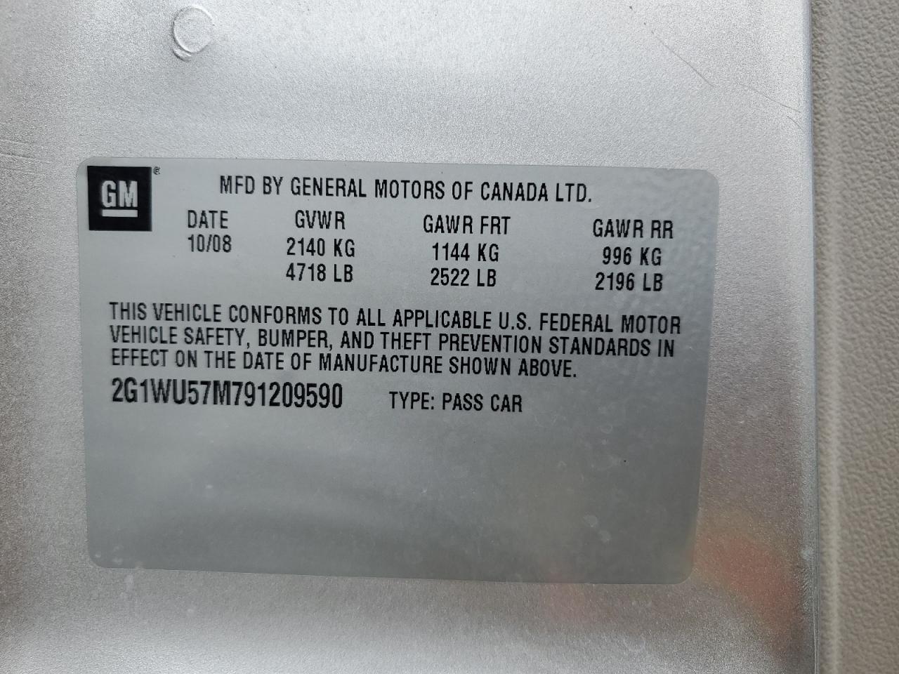 2009 Chevrolet Impala Ltz VIN: 2G1WU57M791209590 Lot: 70327455