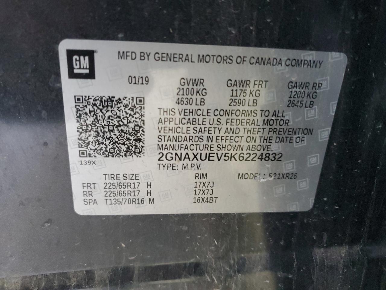 2019 Chevrolet Equinox Lt VIN: 2GNAXUEV5K6224832 Lot: 70725005