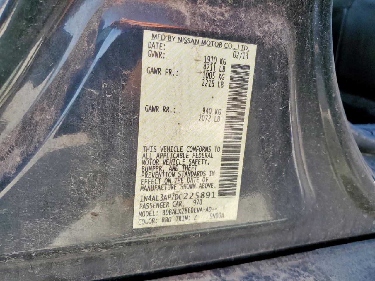 2013 Nissan Altima 2.5 VIN: 1N4AL3AP7DC225891 Lot: 68687195