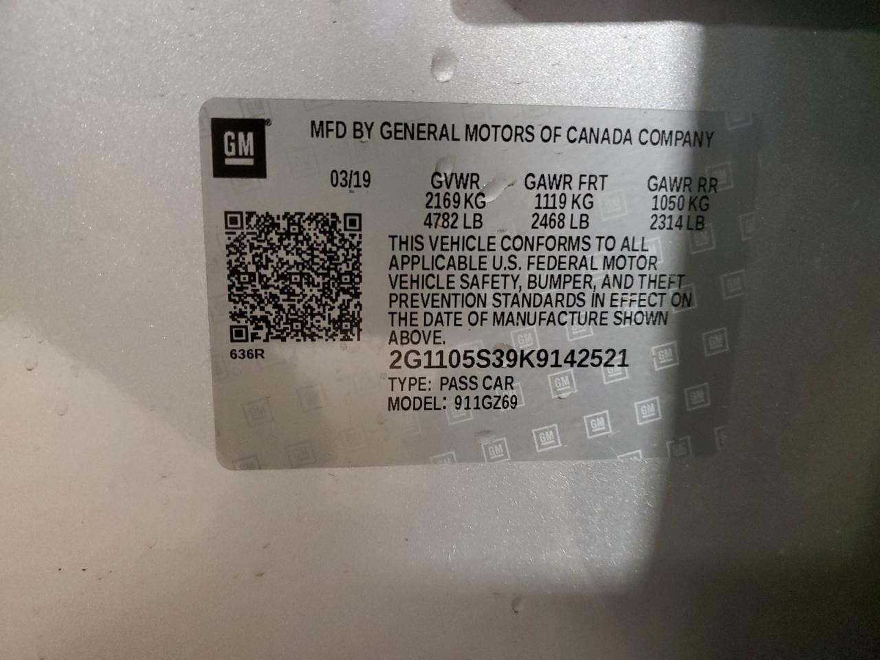 2019 Chevrolet Impala Premier VIN: 2G1105S39K9142521 Lot: 66862795