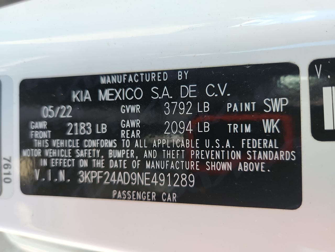 2022 Kia Forte Fe VIN: 3KPF24AD9NE491289 Lot: 70468505