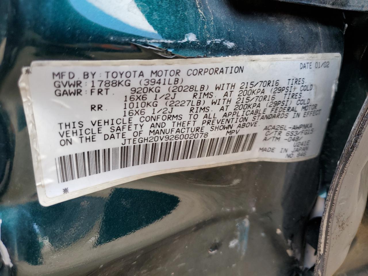 2002 Toyota Rav4 VIN: JTEGH20V926002078 Lot: 67809095