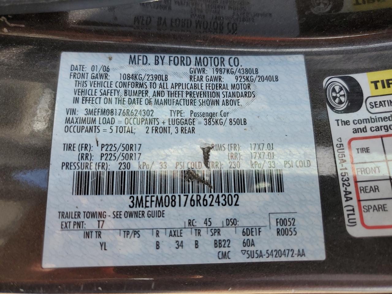 2006 Mercury Milan Premier VIN: 3MEFM08176R624302 Lot: 68783675