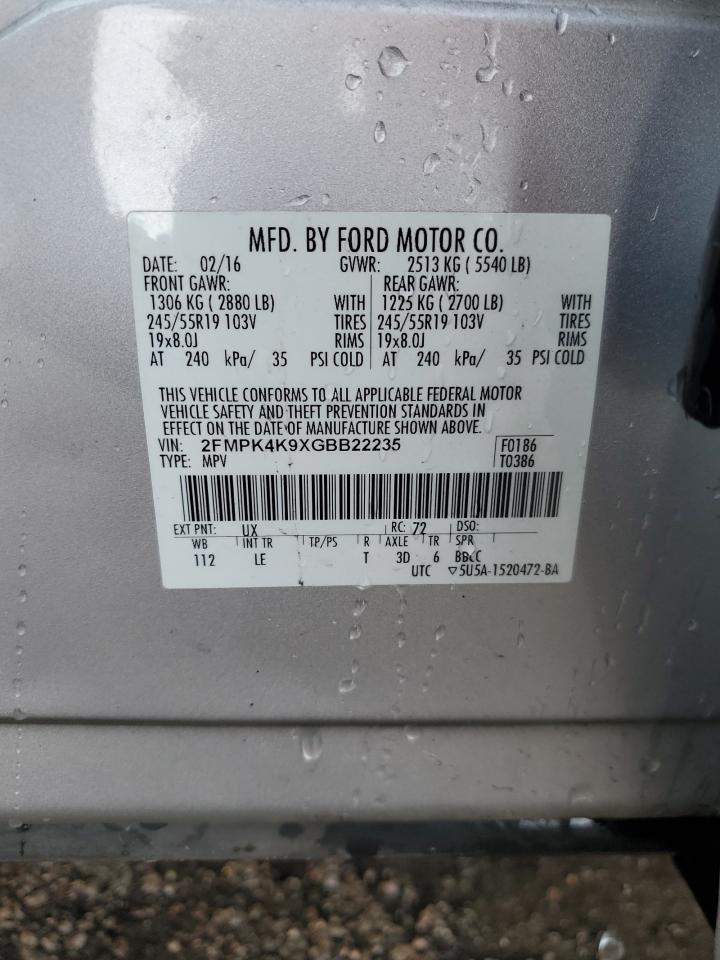 2016 Ford Edge Titanium VIN: 2FMPK4K9XGBB22235 Lot: 69205035