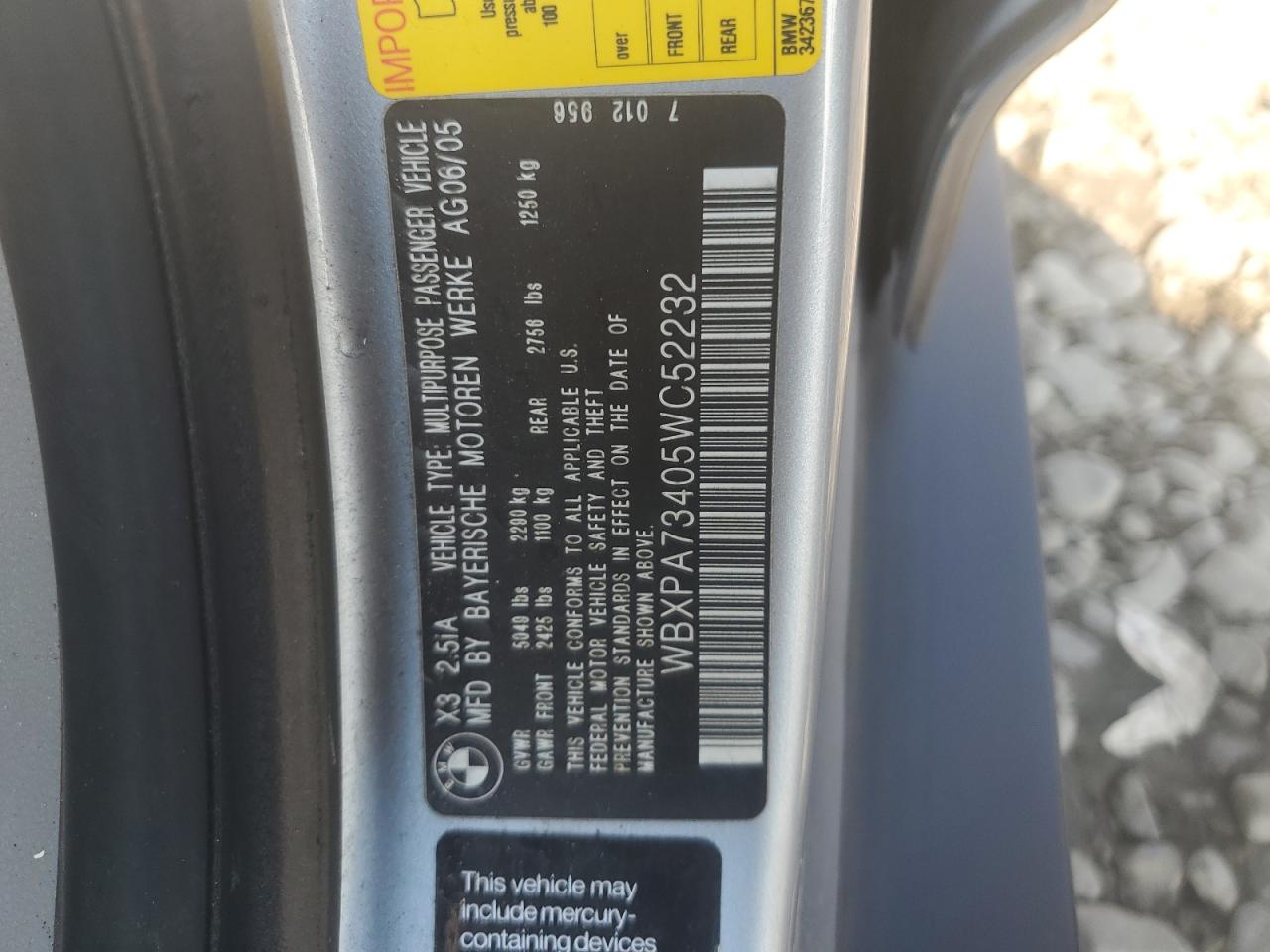 2005 BMW X3 2.5I VIN: WBXPA73405WC52232 Lot: 69083545