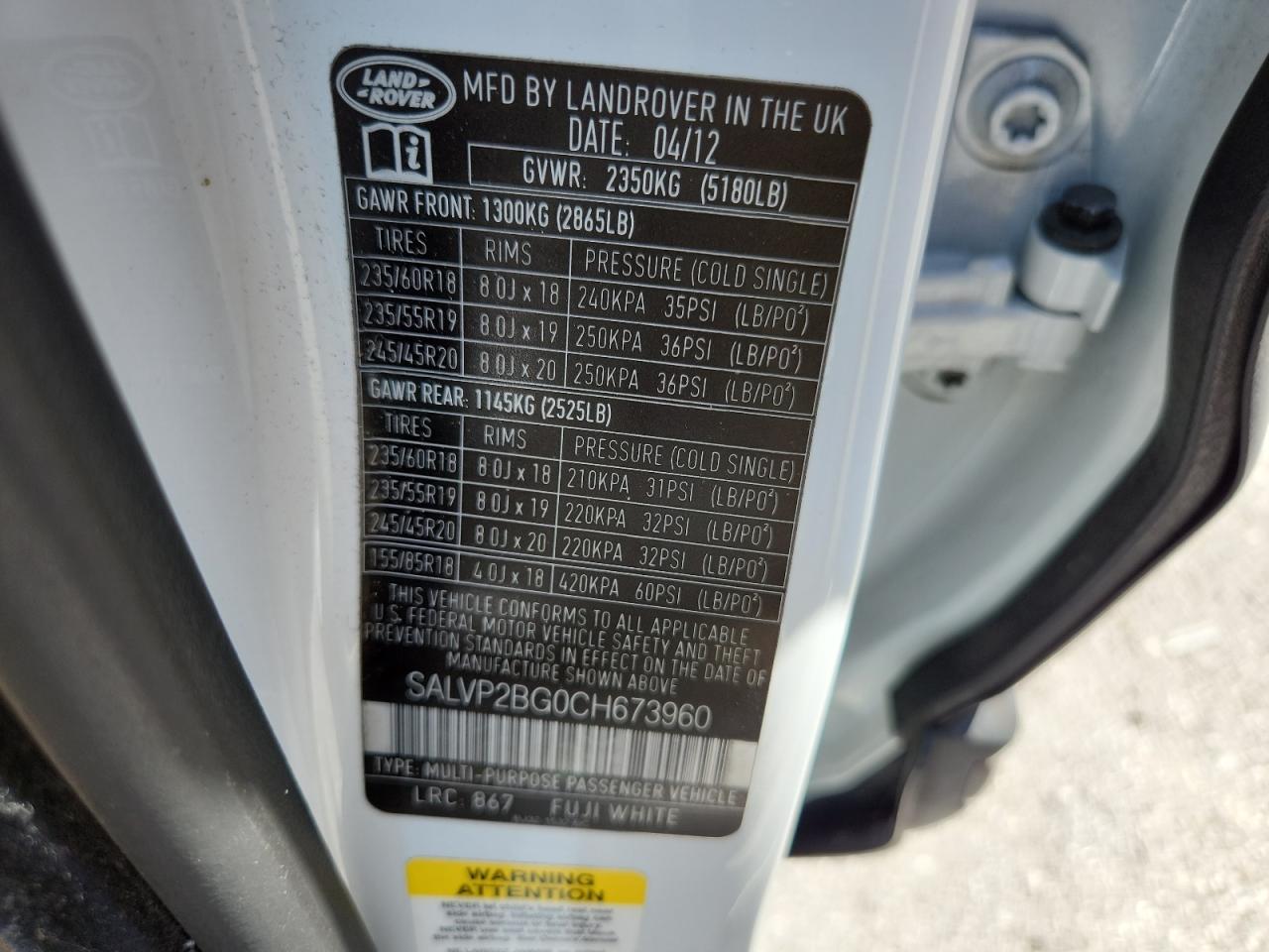 2012 Land Rover Range Rover Evoque Pure Plus VIN: SALVP2BG0CH673960 Lot: 67742765