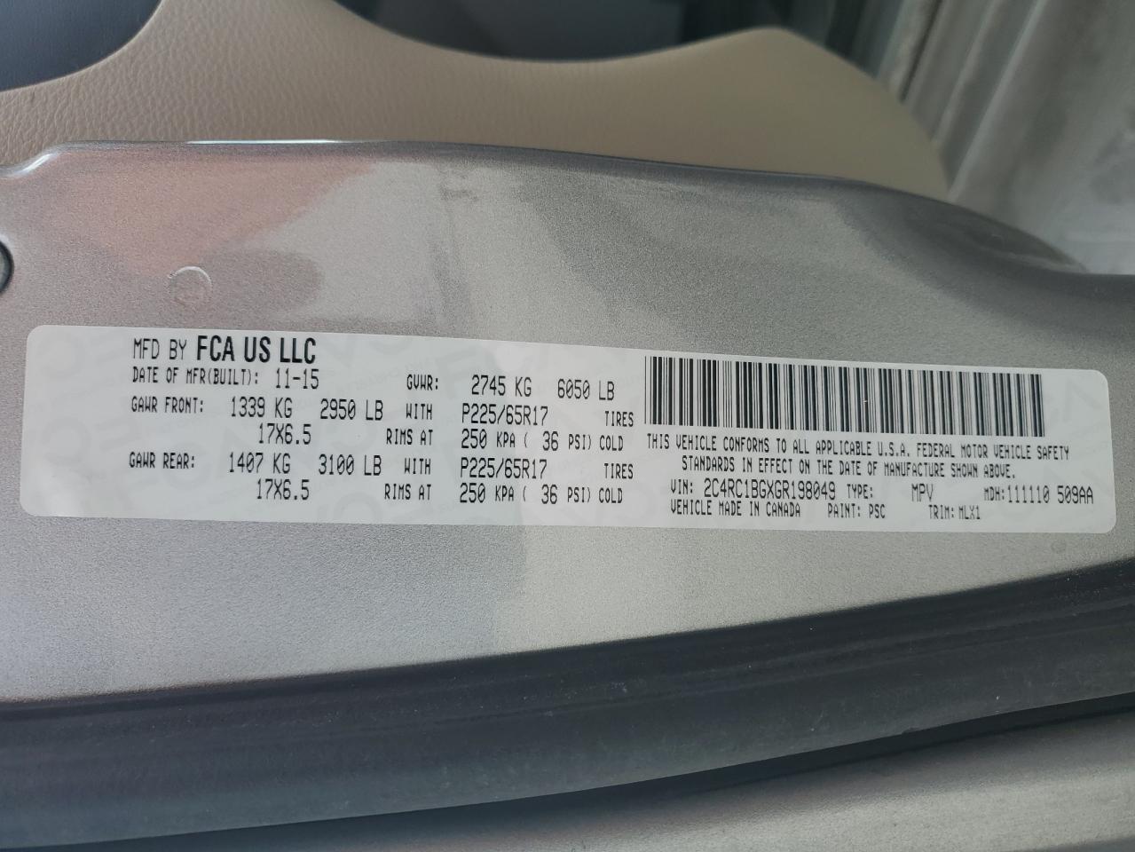 2016 Chrysler Town & Country Touring VIN: 2C4RC1BGXGR198049 Lot: 69820285