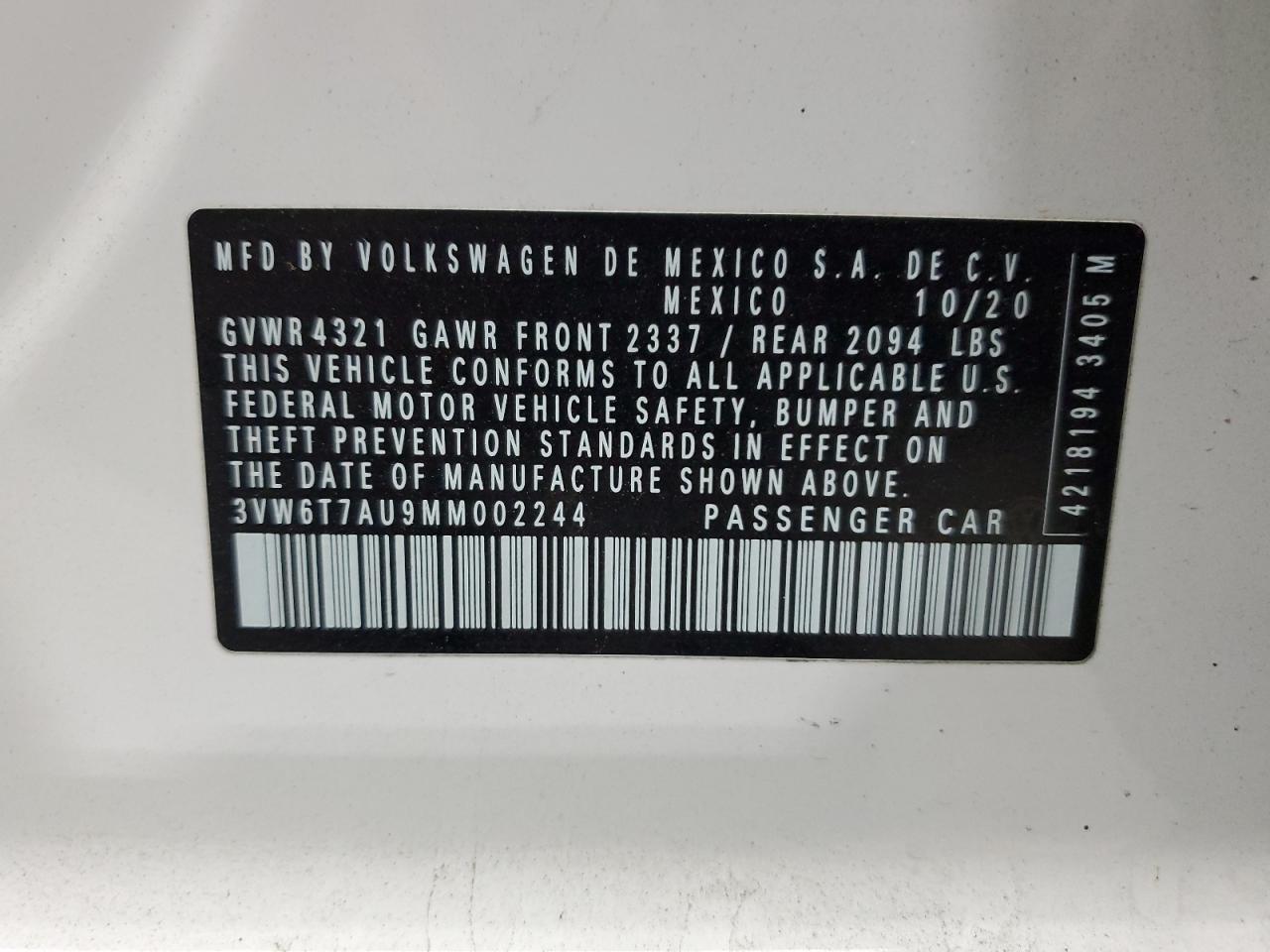 2021 Volkswagen Gti S VIN: 3VW6T7AU9MM002244 Lot: 70426595