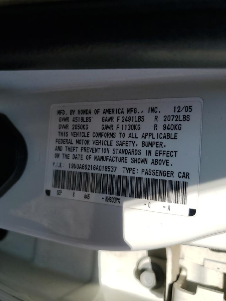 2006 Acura 3.2Tl VIN: 19UUA66216A018537 Lot: 68281355