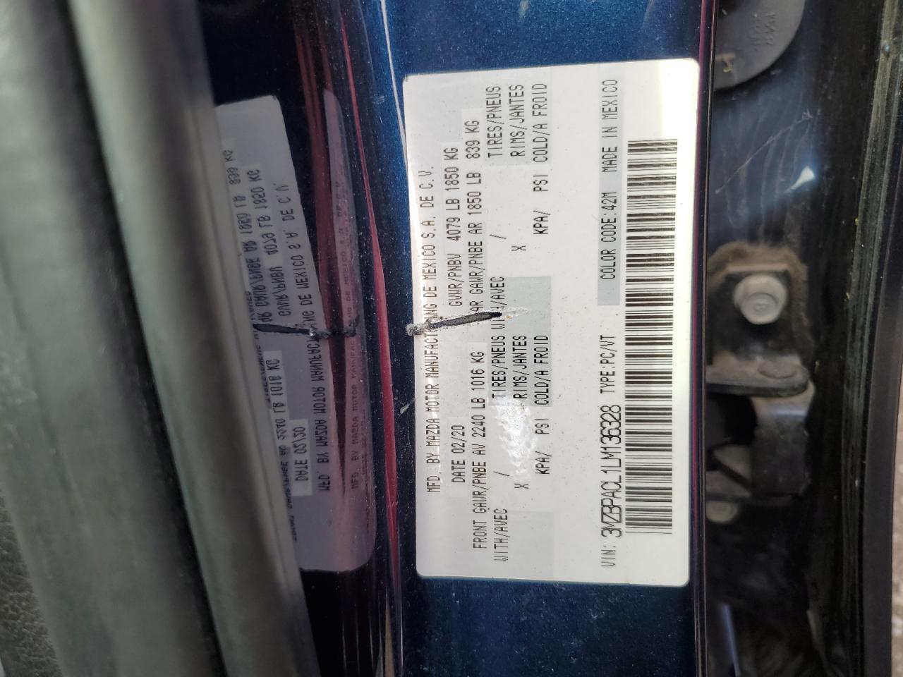 2020 Mazda 3 Select VIN: 3MZBPACL1LM136328 Lot: 68638205