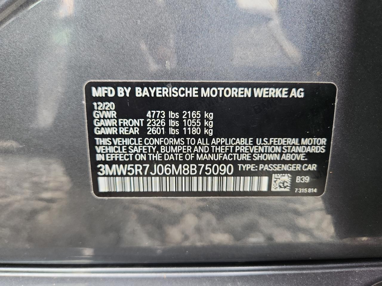 2021 BMW 330Xi VIN: 3MW5R7J06M8B75090 Lot: 66811805