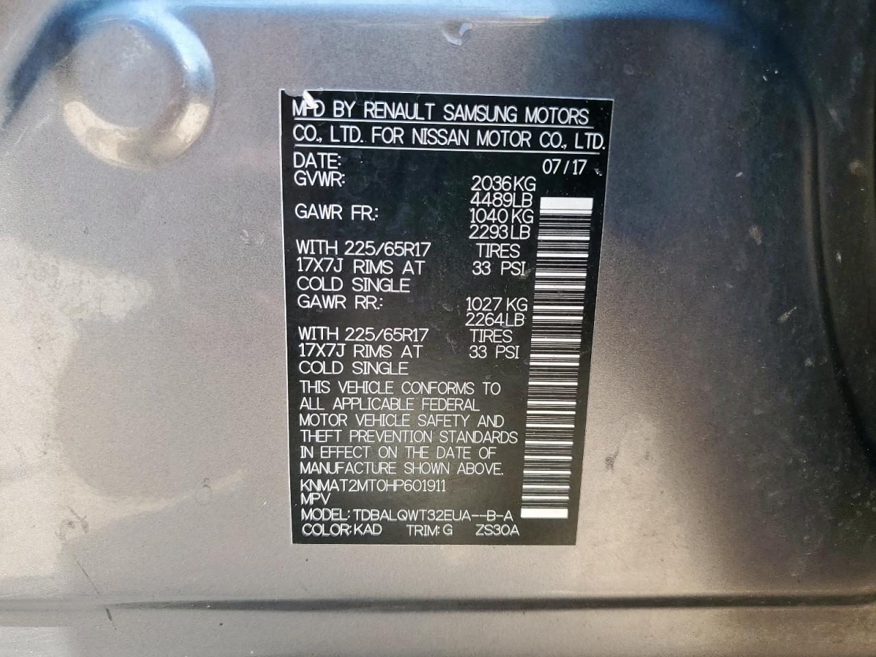 2017 Nissan Rogue S VIN: KNMAT2MT0HP601911 Lot: 68772565