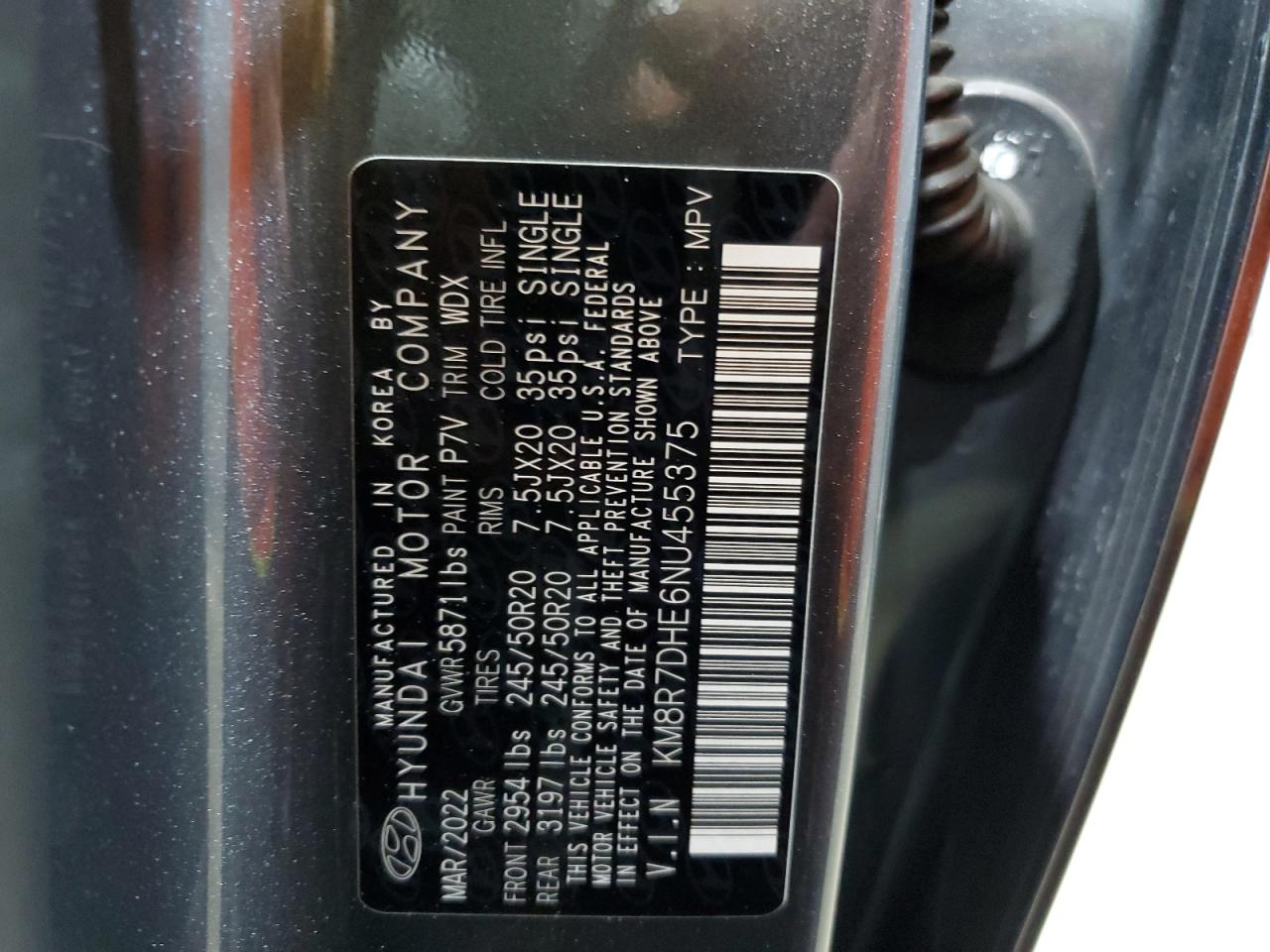 2022 Hyundai Palisade Calligraphy VIN: KM8R7DHE6NU455375 Lot: 69969475