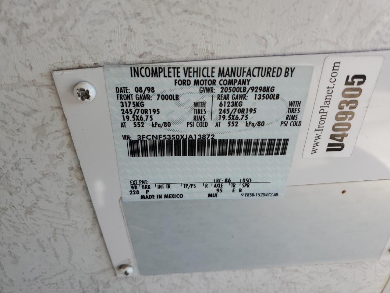 1999 Ford F550 Super Duty Stripped Chassis Rv Or Camper Camper VIN: 3FCNF53S0XJA13872 Lot: 68852475