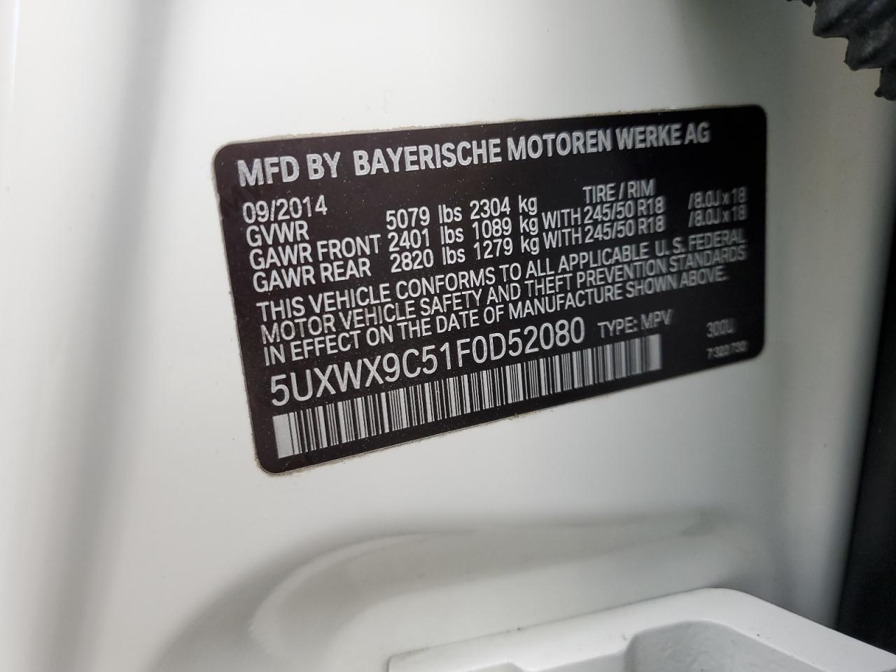 2015 BMW X3 xDrive28I VIN: 5UXWX9C51F0D52080 Lot: 69191085