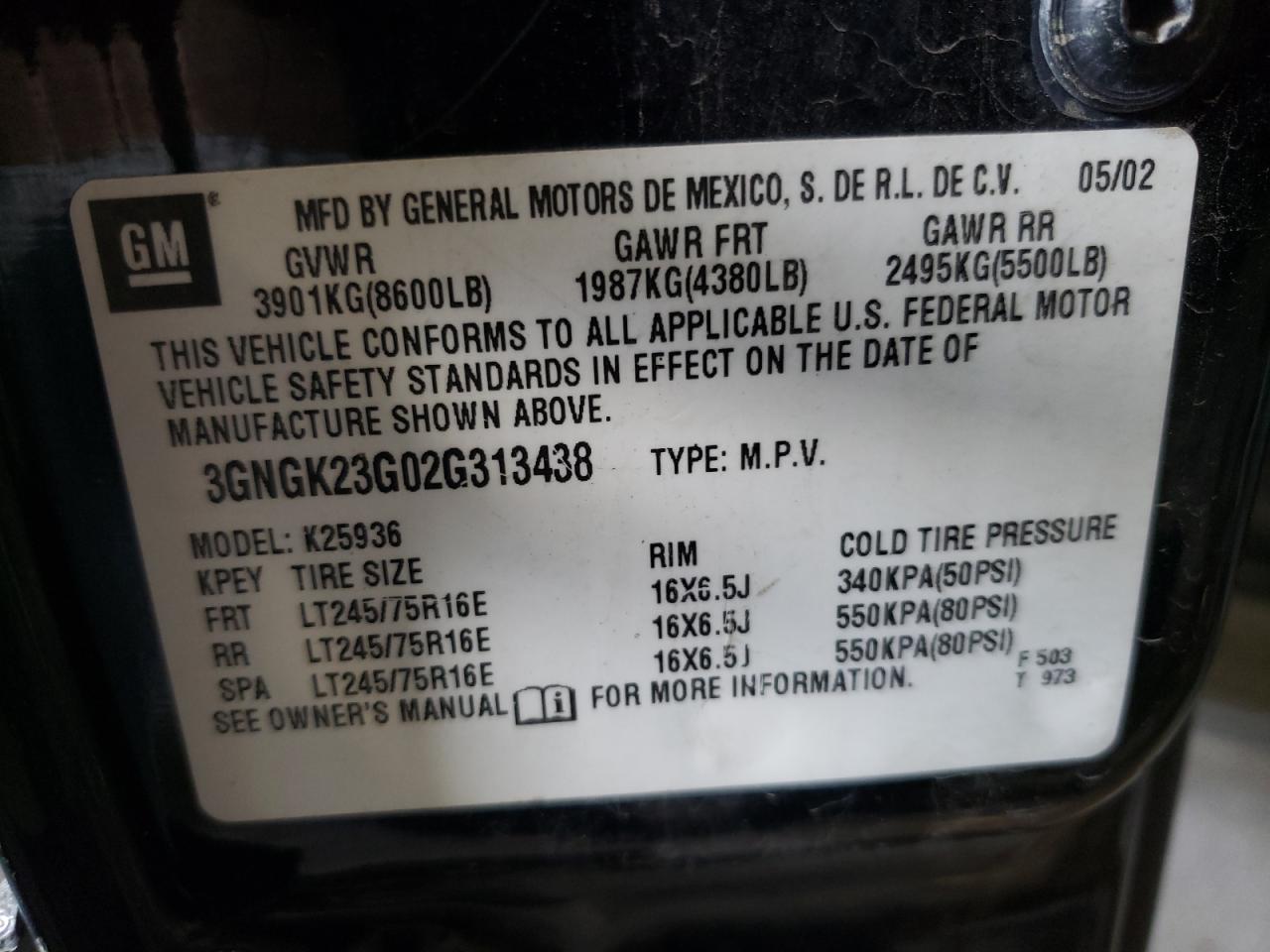 2002 Chevrolet Avalanche K2500 VIN: 3GNGK23G02G313438 Lot: 70277115