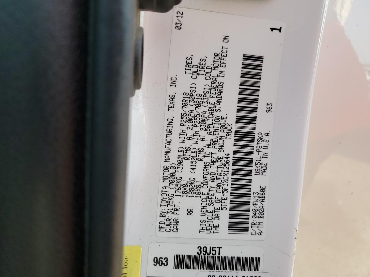 2012 Toyota Tundra Crewmax Sr5 VIN: 5TFEY5F1XCX125644 Lot: 68351265