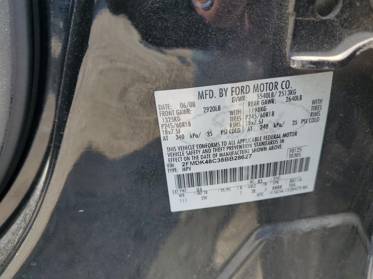 2008 Ford Edge Sel VIN: 2FMDK48C38BB28627 Lot: 69661825