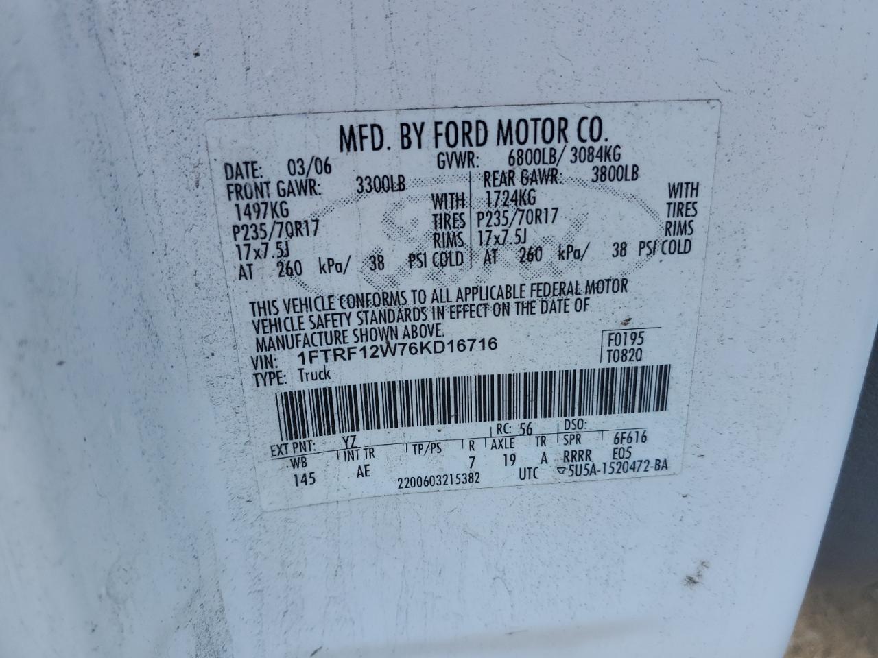 2006 Ford F150 VIN: 1FTRF12W76KD16716 Lot: 69629675