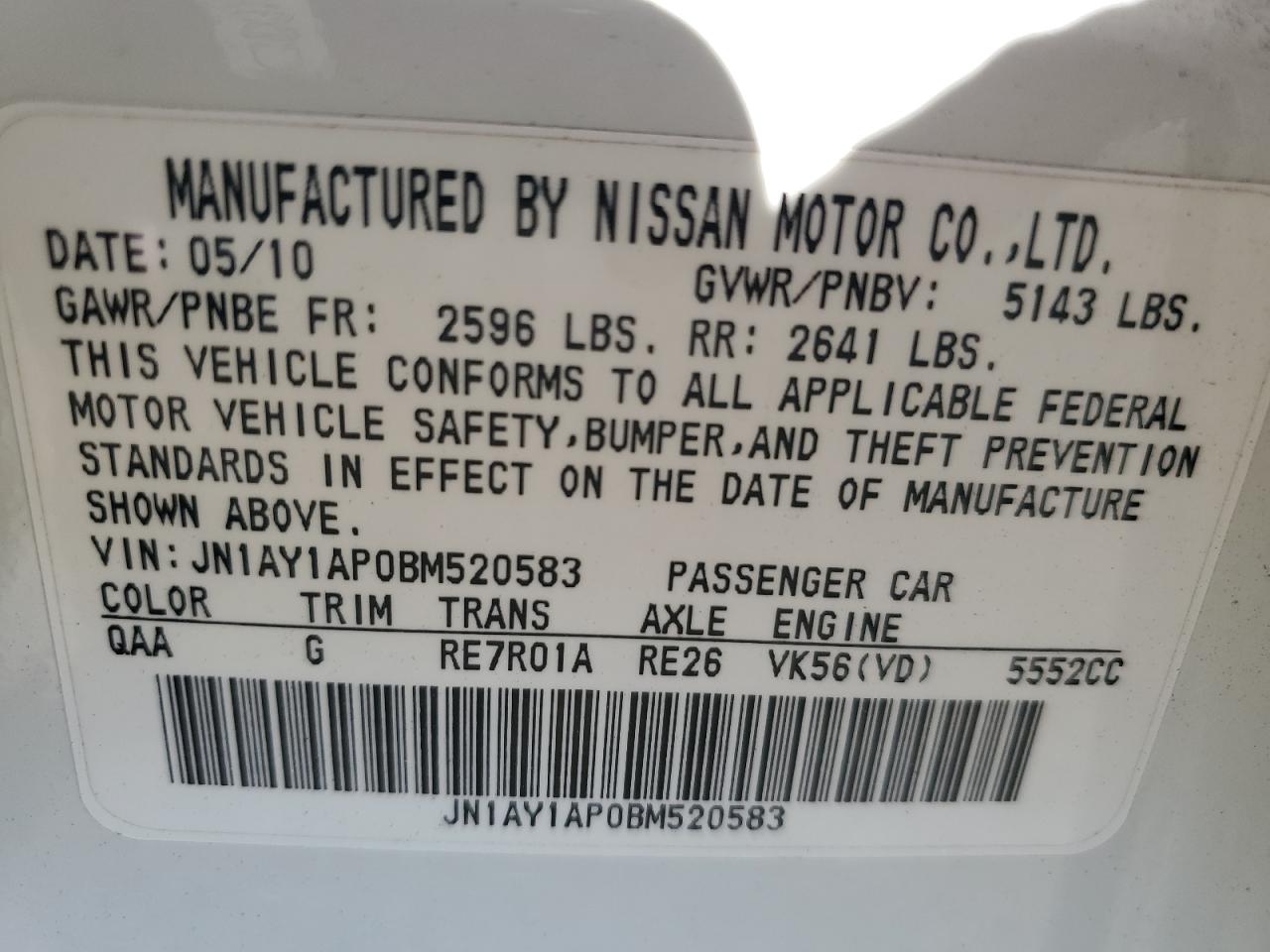 2011 Infiniti M56 VIN: JN1AY1AP0BM520583 Lot: 70127955