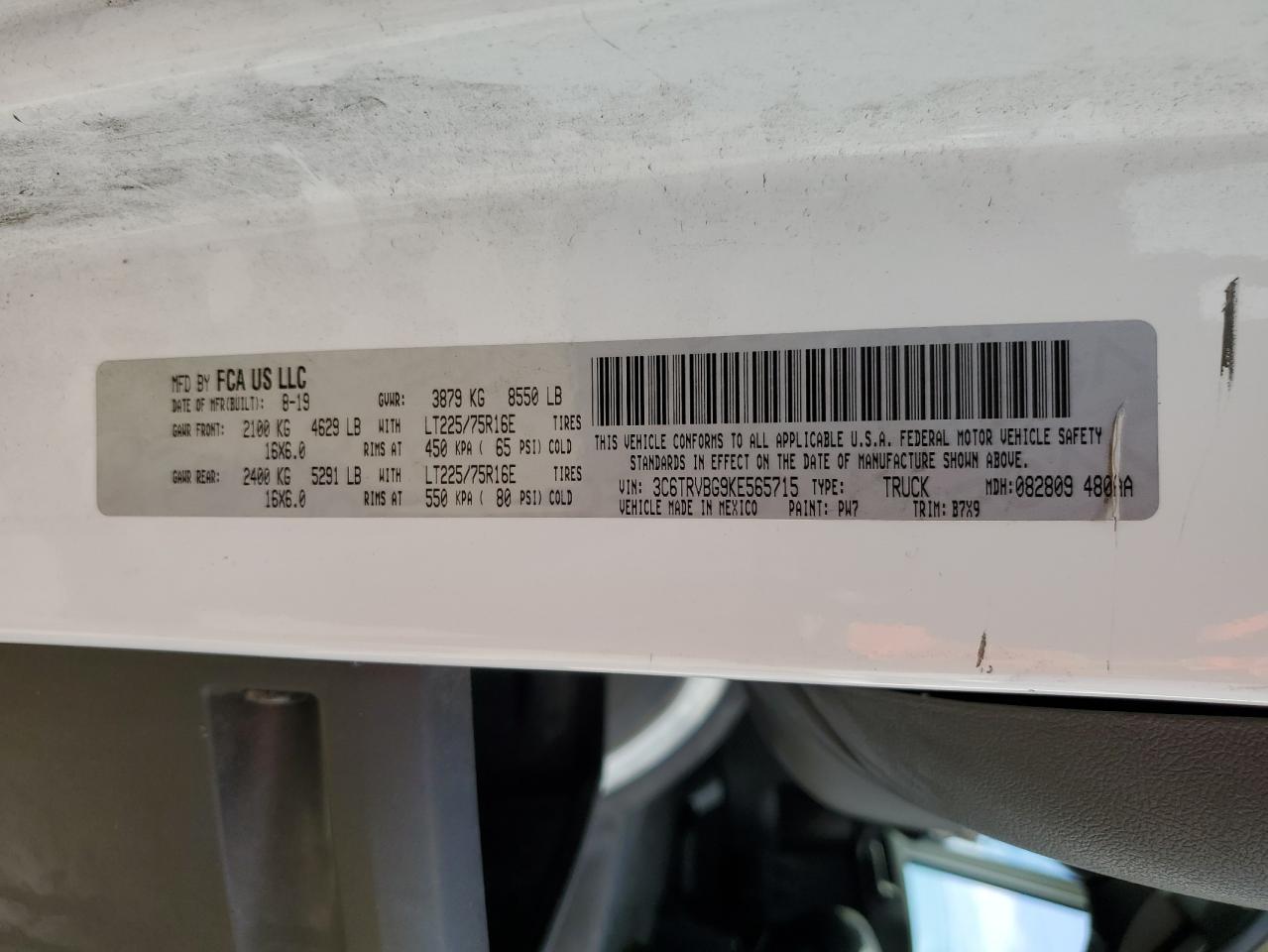 2019 Ram Promaster 1500 1500 High VIN: 3C6TRVBG9KE565715 Lot: 69305845